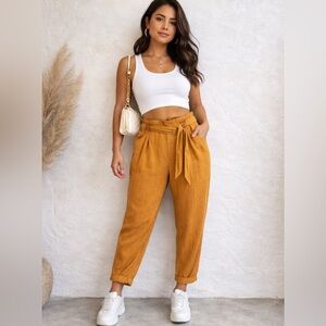 Anthropologie Paperbag Waist Tapered Pants Cotton Boho Cottagecore Tie Belt M